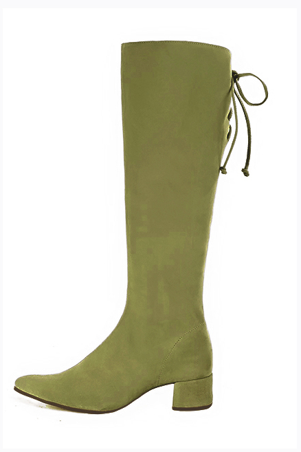 Pistachio green women's knee-high boots, with laces at the back. Tapered toe. Low flare heels. Made to measure. Profile view - Florence KOOIJMAN